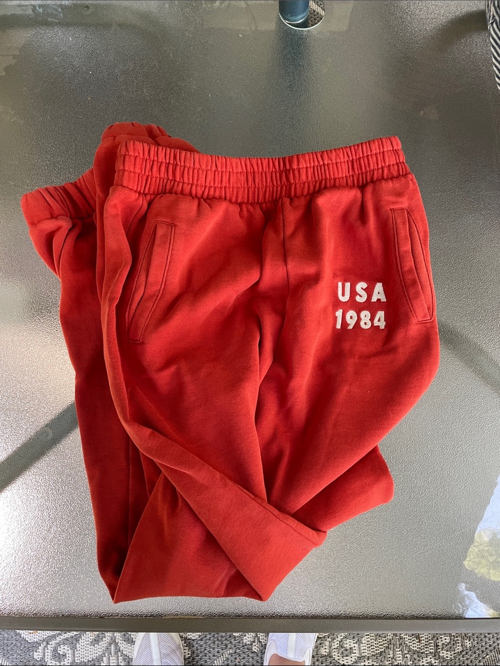 Women's Red Track Joggers with USA 1984 Appliqué